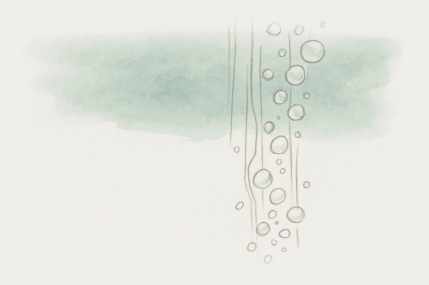 AI-generated illustration: hydrogen gas bubbling upward through water in fine streams, seen close as it rises.