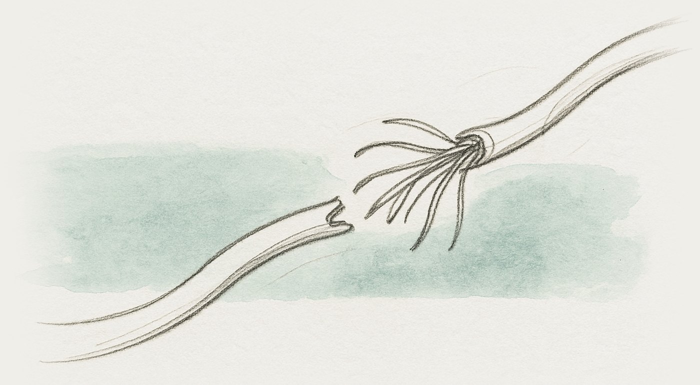 AI-generated illustration: copper wire fraying at a break point, strands separating under tension, seen close along its length.