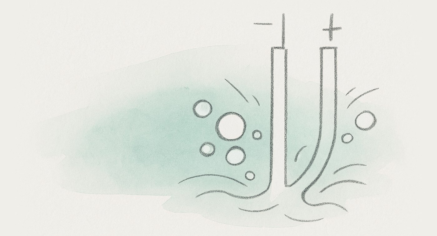 AI-generated illustration: electrolysis cells shutting down mid-process: oxygen and hydrogen gas bubbles collapsing back into water as current stops flowing.