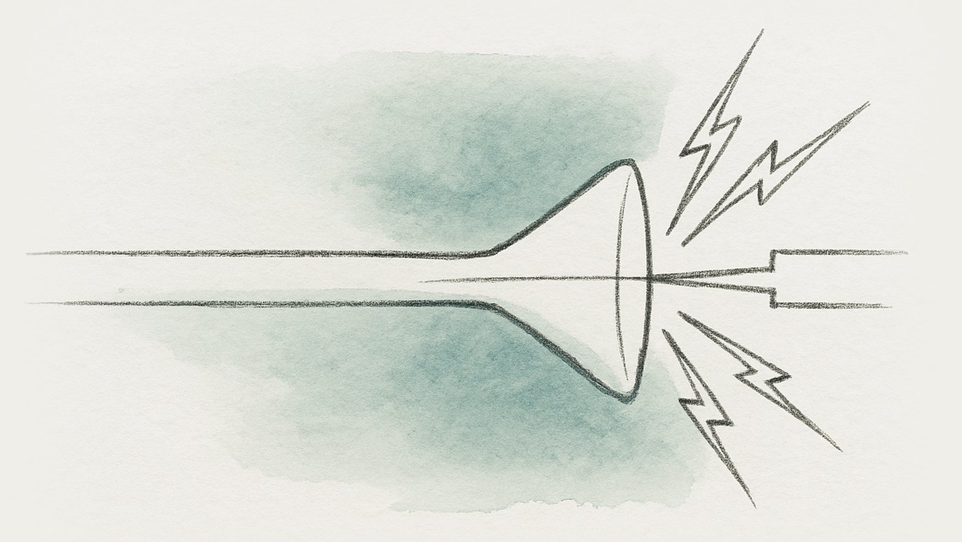 AI-generated illustration: electrical current forced through a narrow point, backing up and creating pressure against resistance.