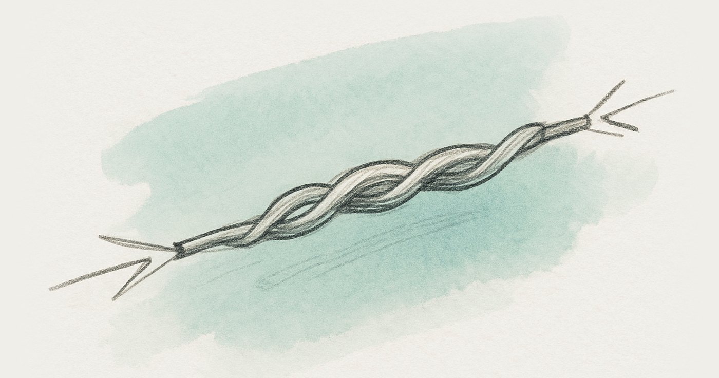 AI-generated illustration: copper wire twisted under tension, seen lengthwise, conducting current across distance while straining against pull.