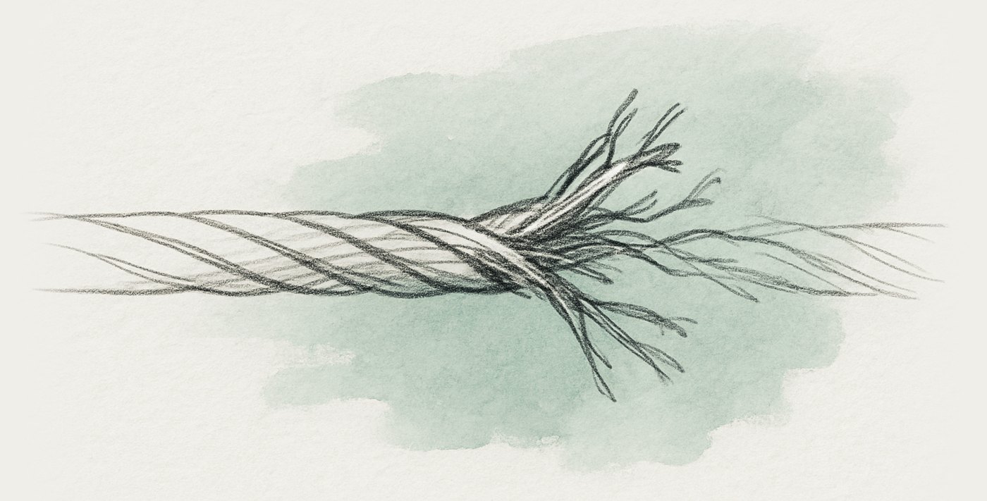 AI-generated illustration: steel cable under tension, viewed lengthwise close, fraying at a point of stress where it begins to separate.