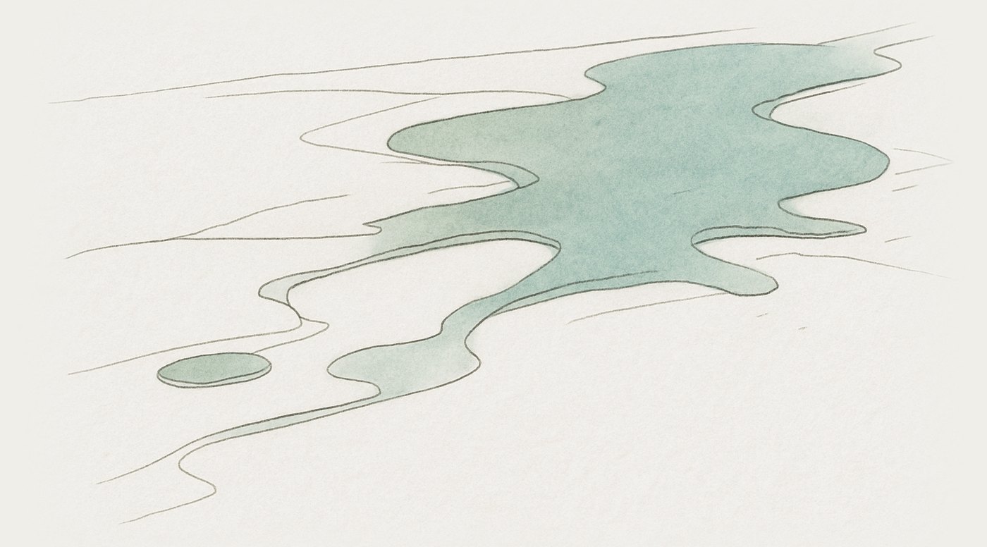 AI-generated illustration: liquid spreading unevenly across a surface, pooling in scattered pockets where channels fail to connect.