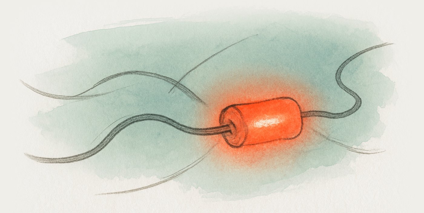 AI-generated illustration: electricity flowing through a conductor, glowing red as resistance converts kinetic energy into heat.