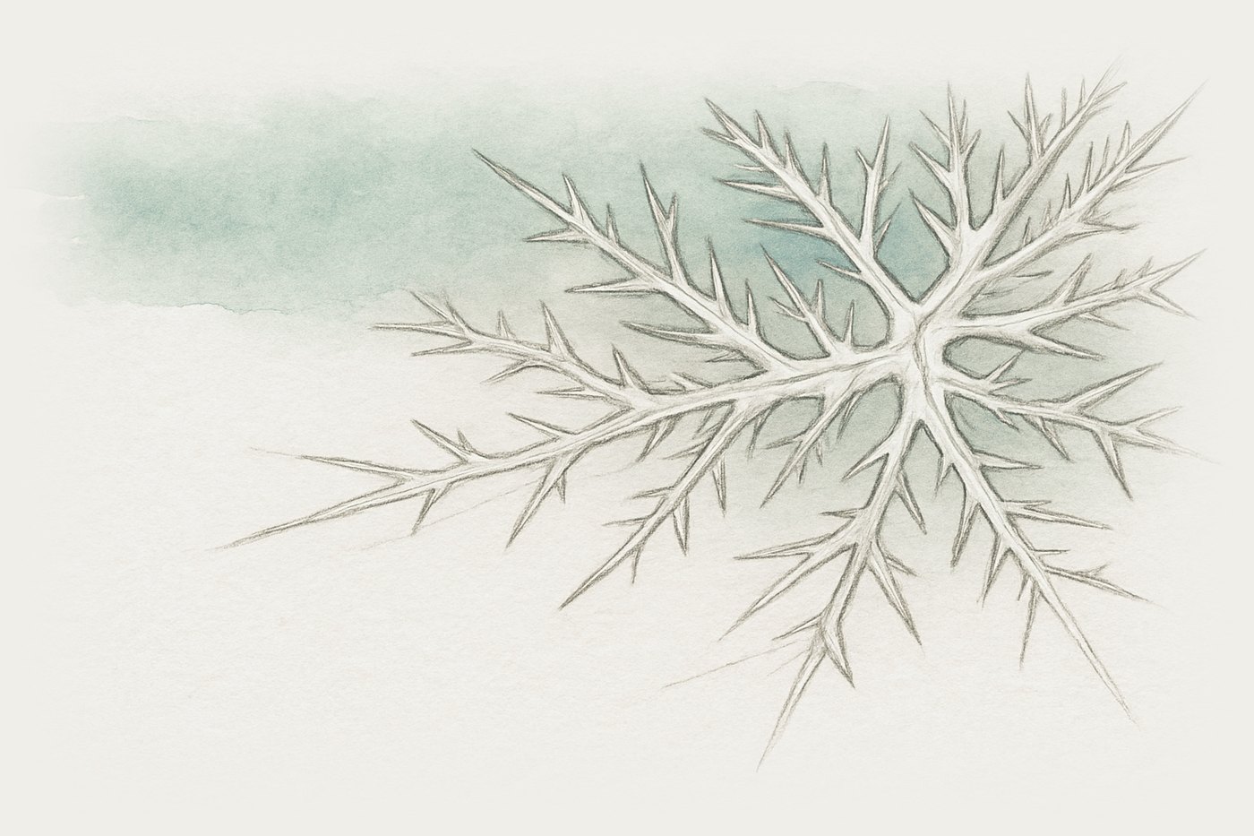 AI-generated illustration: frost crystals spreading across a cold surface, seen close and direct, expanding outward in branching patterns as temperature drops.