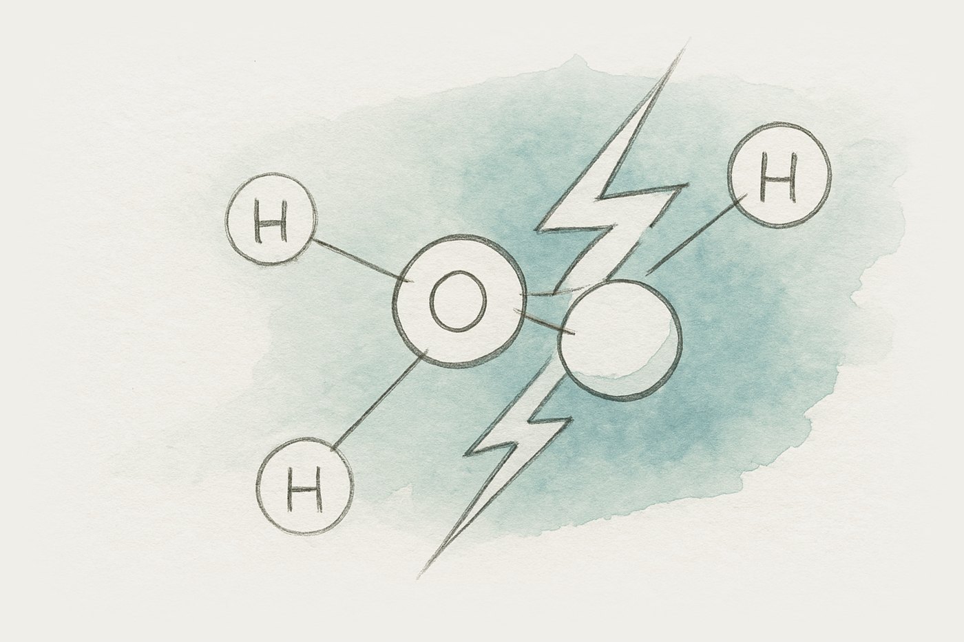 AI-generated illustration: hydrogen molecules separating from water under electrical stress, individual atoms pulling apart at the molecular bond.