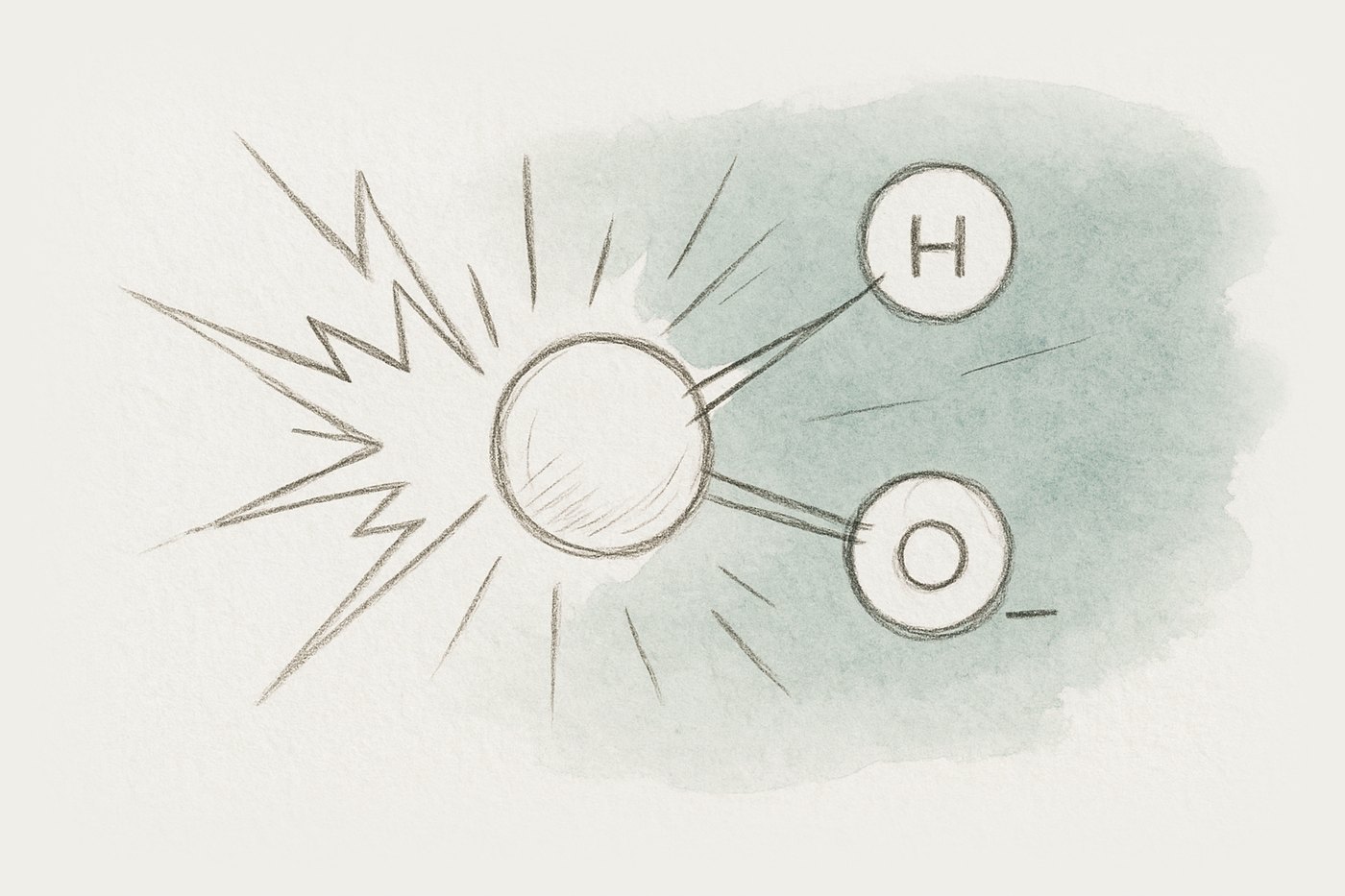 AI-generated illustration: hydrogen molecules splitting apart under electrical discharge, glowing briefly as they separate from water into gas and ions.