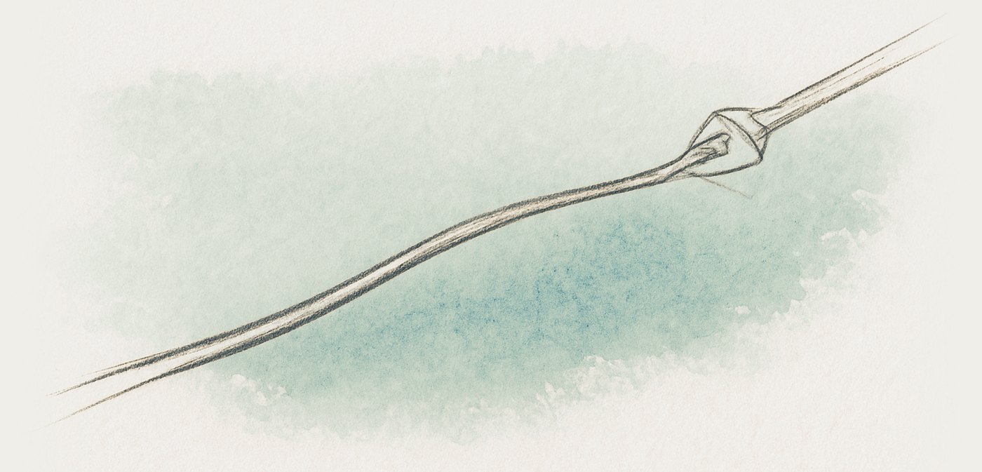 AI-generated illustration: copper wire stretched taut under tension, seen lengthwise close, conducting current across distance.
