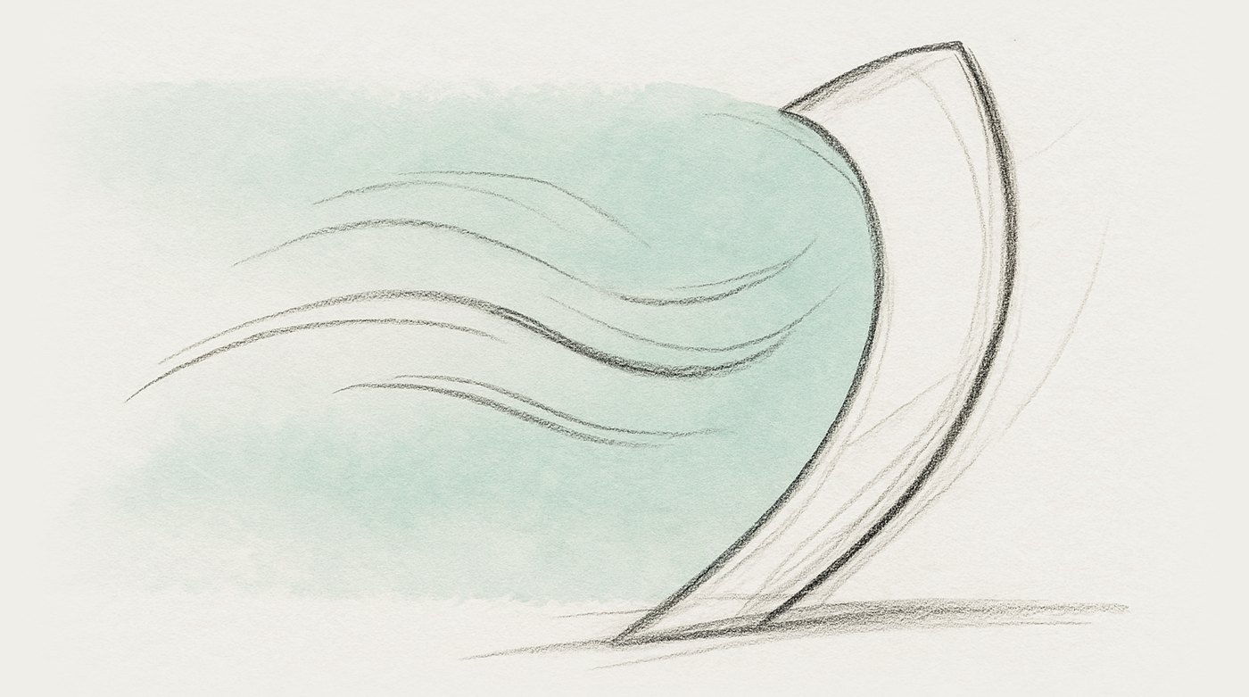 AI-generated illustration: wind pushing against a curved blade, seen close along its curve, bending slightly under the force.