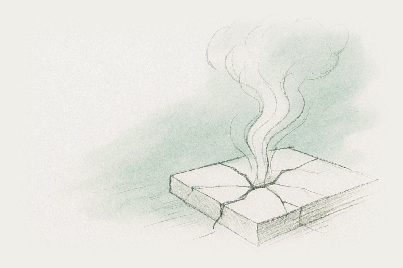AI-generated illustration: methane escaping from a fractured stone surface, seen close from above, spreading as it disperses upward through air.