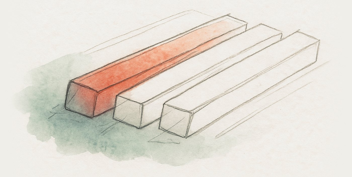 AI-generated illustration: steel ingots cooling from red heat to grey, seen lengthwise across their length as colour drains away.