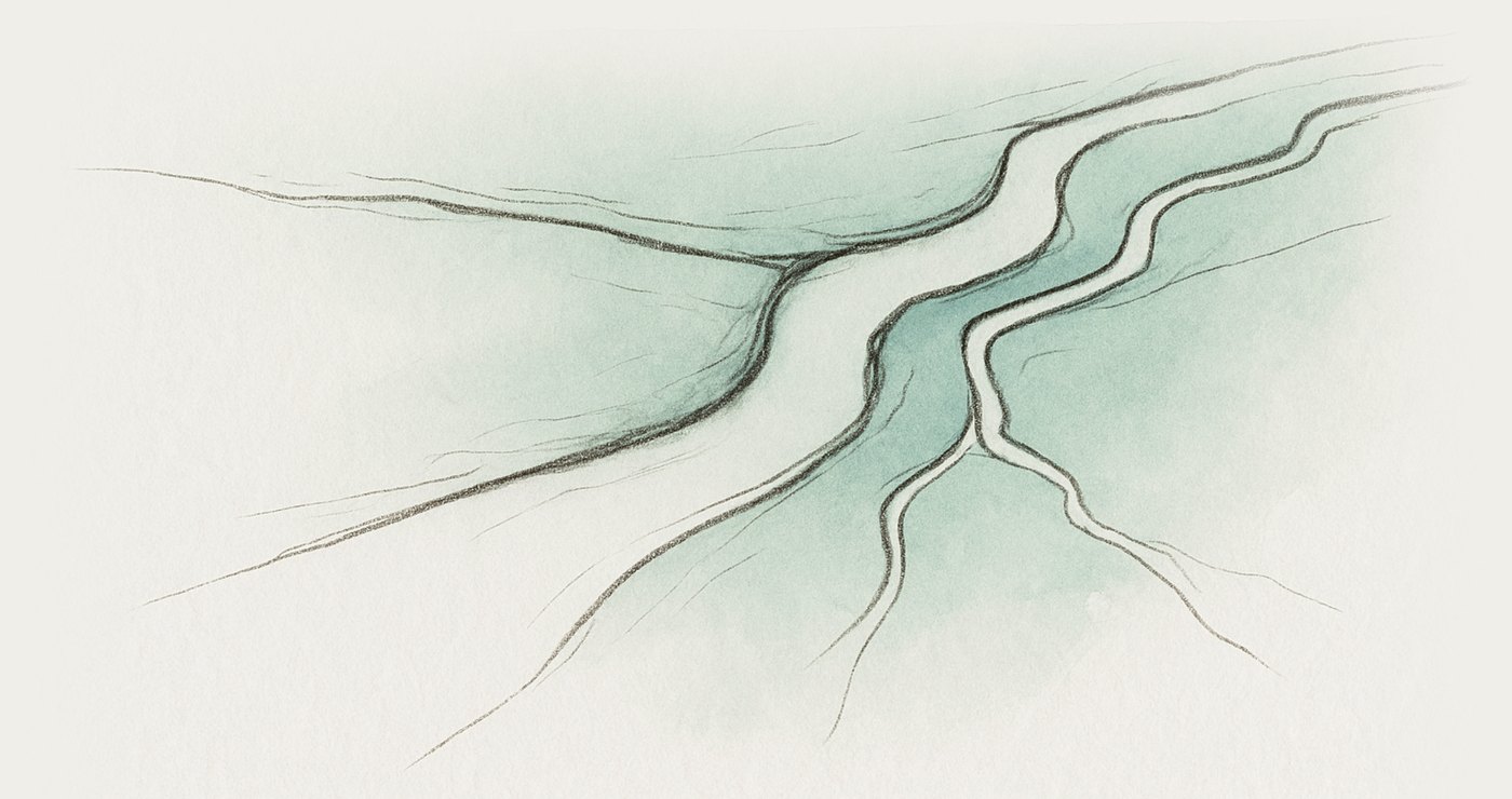 AI-generated illustration: a river dividing into narrower channels, its flow slowing and splitting where the streambed contracts, seen from directly above.