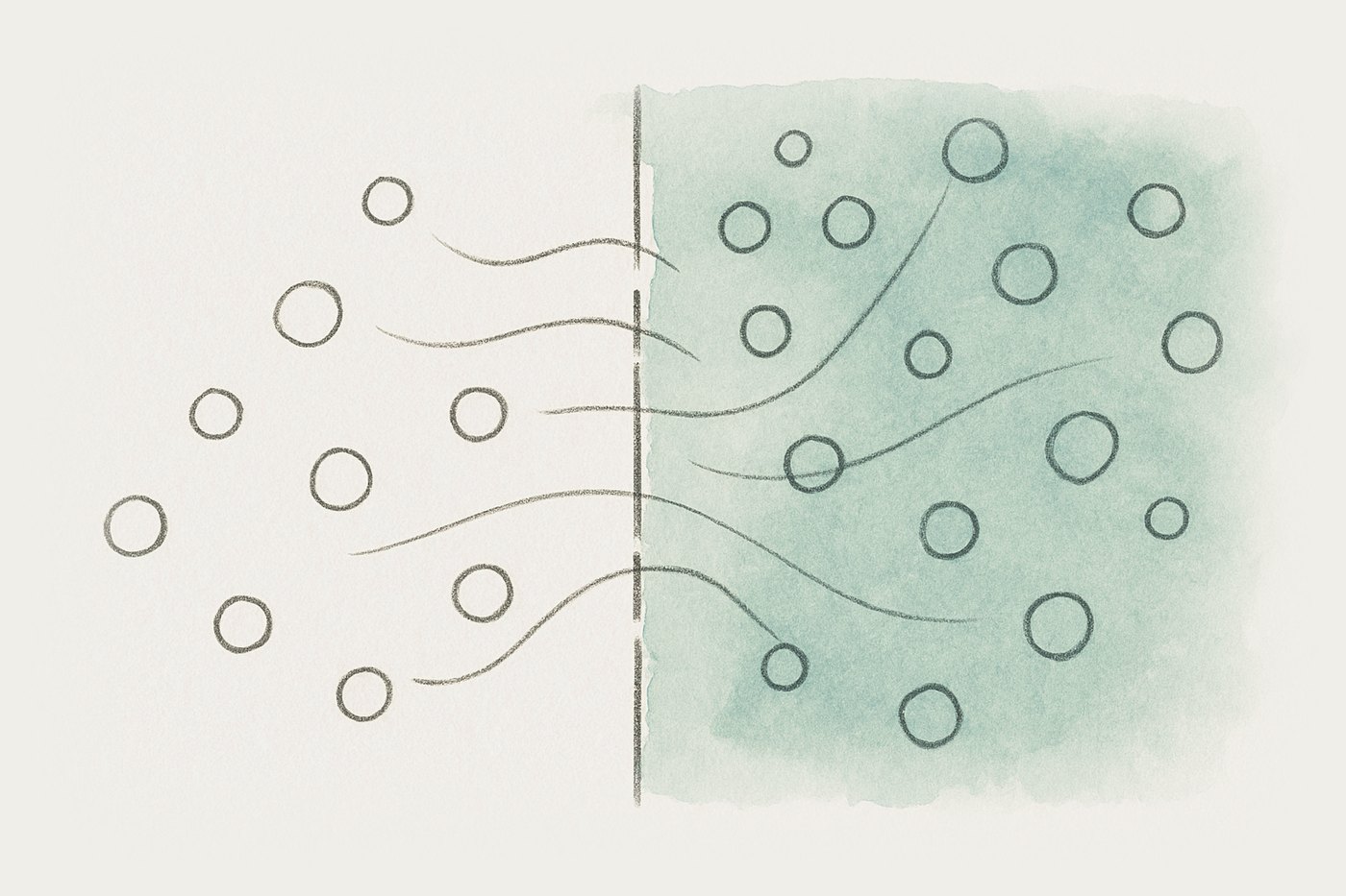 AI-generated illustration: gas molecules spreading and diffusing through a permeable membrane, viewed close across their dispersal.