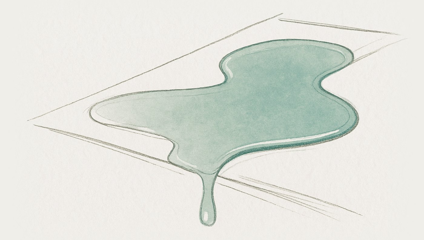AI-generated illustration: liquid pooling and levelling across a tilted surface, seen close as it finds its own level.