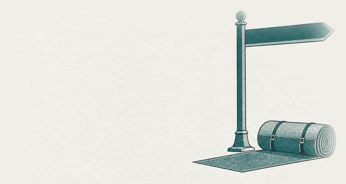 AI-generated illustration: a signpost's arm points confidently far ahead while the carpet meant to take you there is unrolled for a single pace and the rest still sits bound in its roll — the direction is declared, the way is not laid.