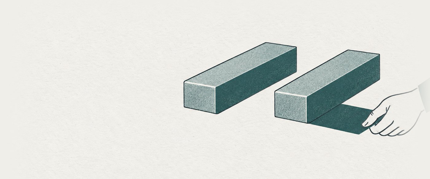 AI-generated illustration: book-and-claim as a detachable shadow: two identical billets, but the single shadow is being slid from under one to under the other, so cleanliness becomes a thing you can hand over while the metal stays put.