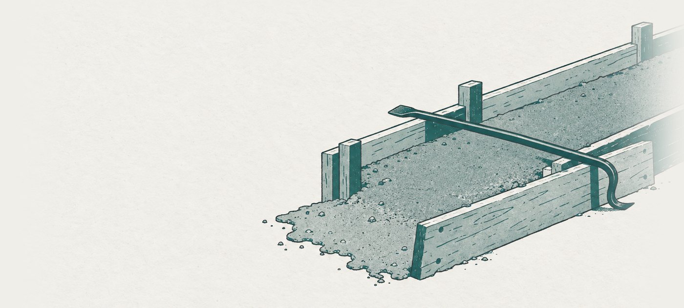 AI-generated illustration: a mould is widened after the concrete is already poured: the fresh footing loses its edge and slumps flat, because the shape was changed once the pour was irreversible.