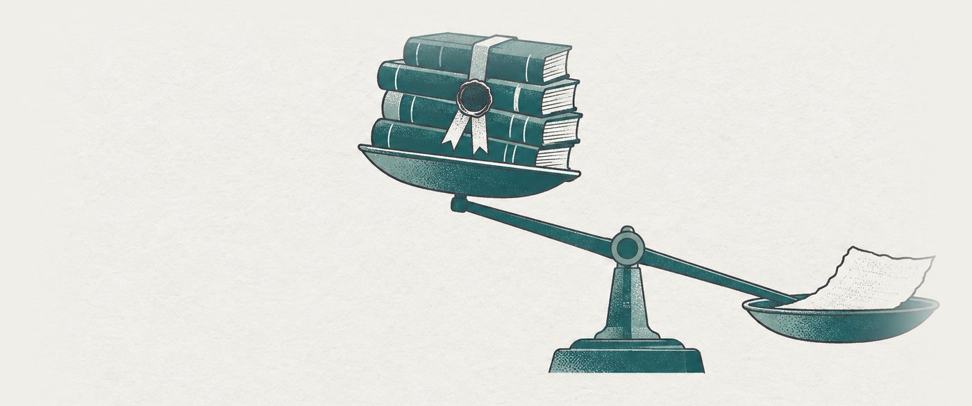 AI-generated illustration: a balance beam where a single loose, torn-edged sheet sinks its pan while a tall stack of ribbon-bound, wax-sealed volumes rides high — the thing with no status carries all the weight.