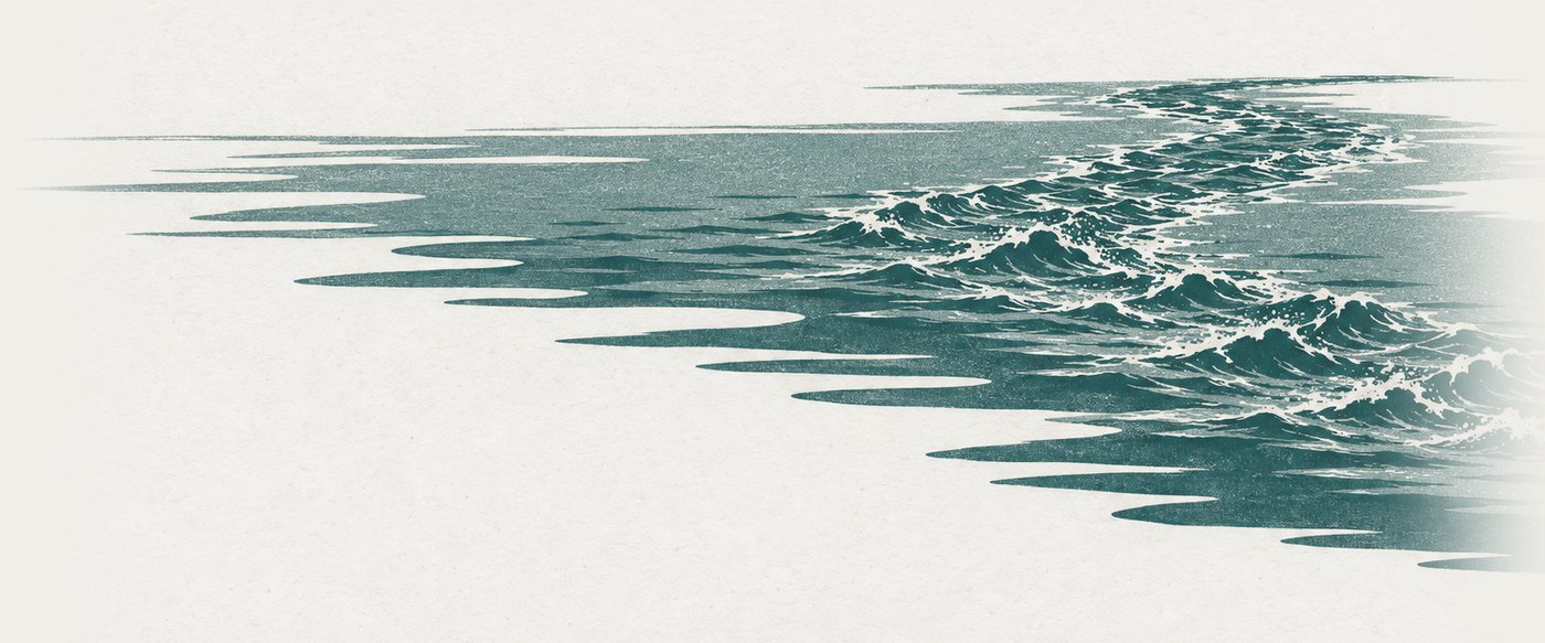 AI-generated illustration: wind crossing open water in one long band, the surface roughened where it passes and glassy on either side