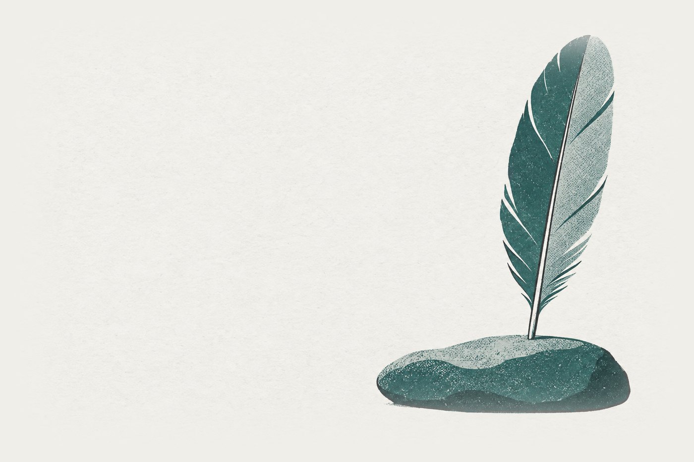 AI-generated illustration: a single feather standing upright on its quill on a flat stone, seen close from the side