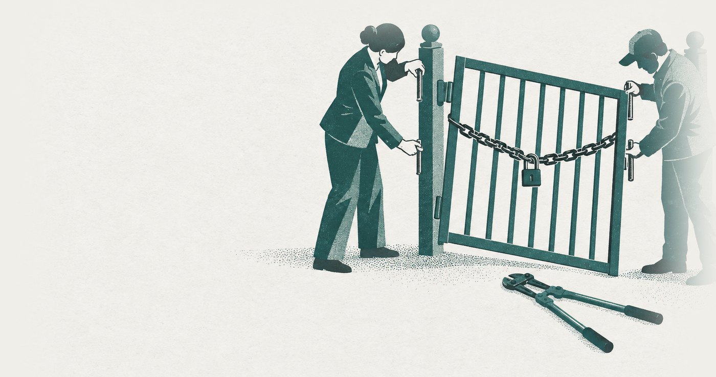 AI-generated illustration: the bolt-cutters are put down and the padlock left perfectly intact — while two pairs of hands quietly draw the pins out of the gate's hinges, so the barrier falls anyway without the lock ever being touched.