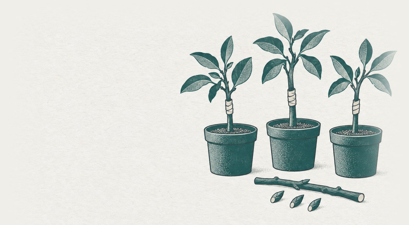 AI-generated illustration: grafting: three saplings rooted in three separate tubs, each carrying the identical bandaged graft union, all taken from one cut scion stick lying beside them — local roots, imported wood, one variety in three countries.