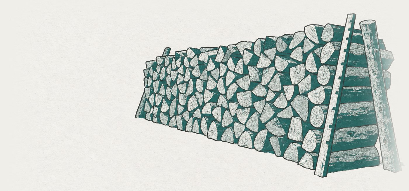 AI-generated illustration: the face cord: a woodpile measured honestly at the front, one log deep and propped up behind, so the stated volume is frontage — the sufficiency is real only where the measuring rod touches it.