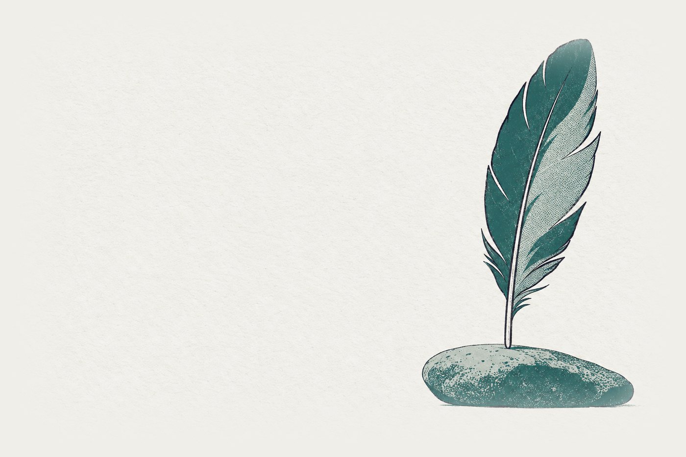 AI-generated illustration: a single feather standing upright on its quill on a flat stone, seen close from the side
