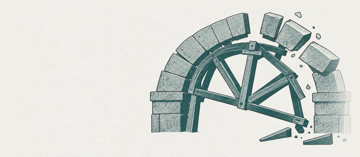 AI-generated illustration: falsework removed too early: a stone arch is still missing its keystone when the timber centring that holds it up is knocked out, so the half-built span begins to slide — the support was meant to come away only once the structure could carry itself.