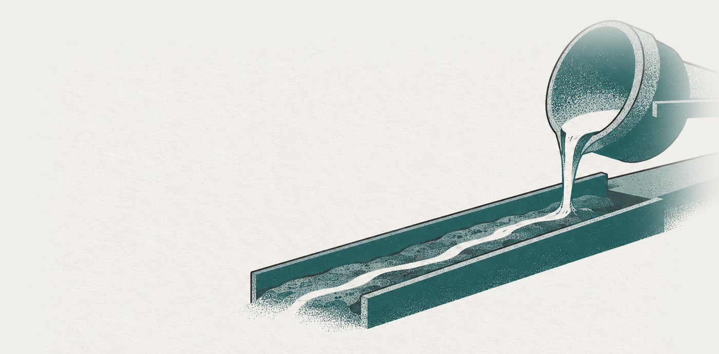 AI-generated illustration: molten metal cooling to a dull skin in a shallow channel, one bright line still running through it
