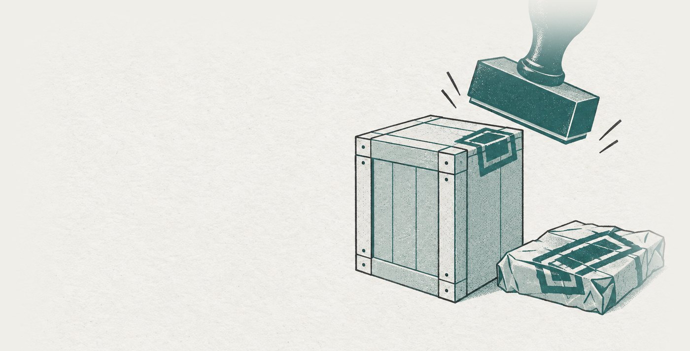 AI-generated illustration: the official stamp is the same size for everyone: on a big consignment it is a neat corner mark, on a tiny one it is wider than the goods and presses them flat — a uniform rule is a proportional crushing.