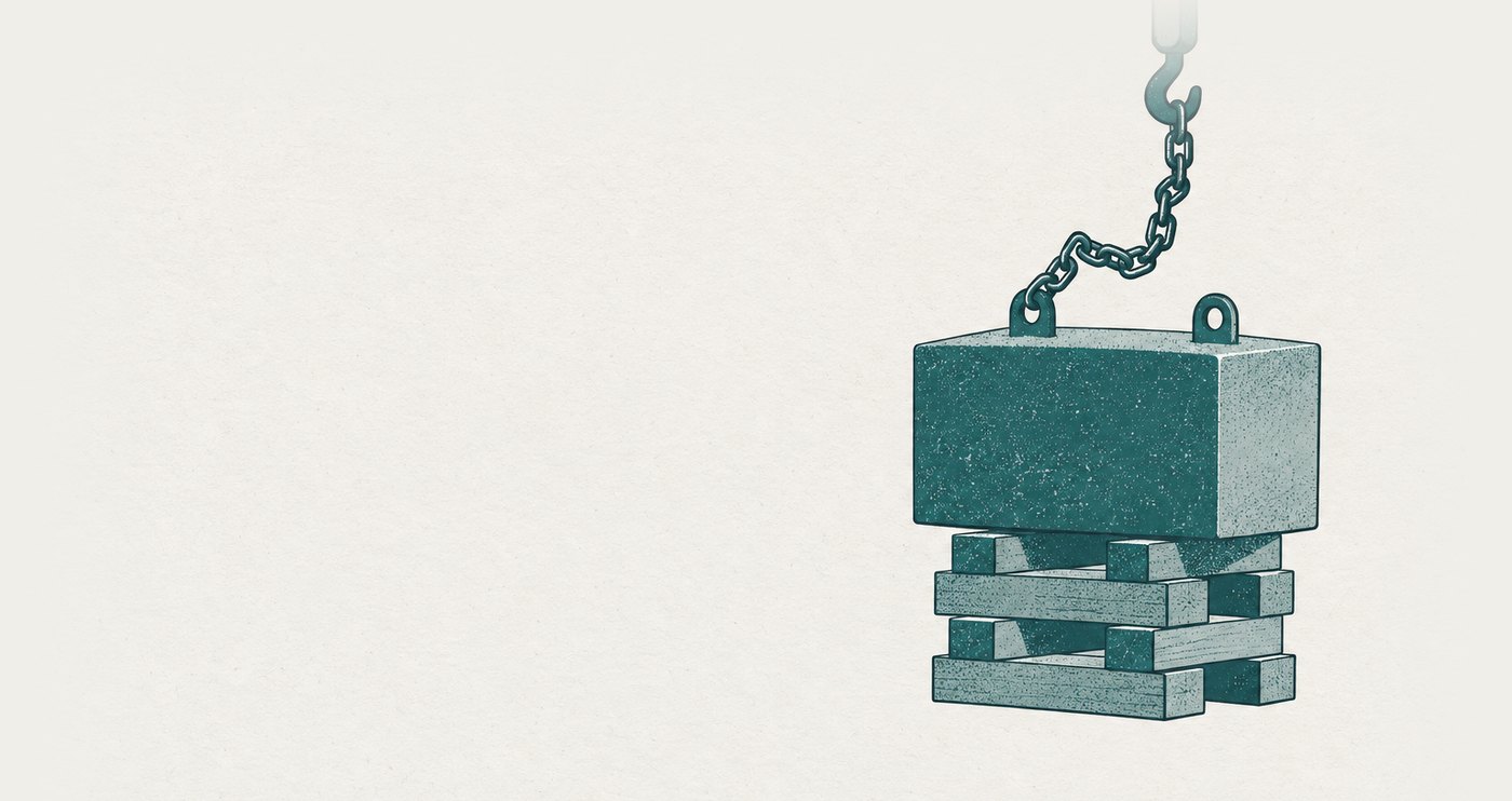 AI-generated illustration: a proof load that never lands: the test weight hangs from the chain, but a column of packing blocks has been stacked under it so it rests on them and the chain hangs slack — the thing is certified without once bearing the load.