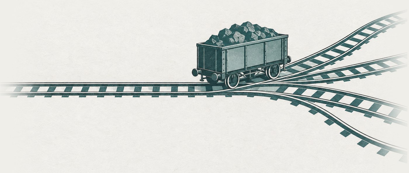 AI-generated illustration: break of gauge: a single track splits into pairs of rails laid at different widths, so the loaded wagon halts at a point where there is no barrier at all — the rule continues everywhere, just never at the same width twice.